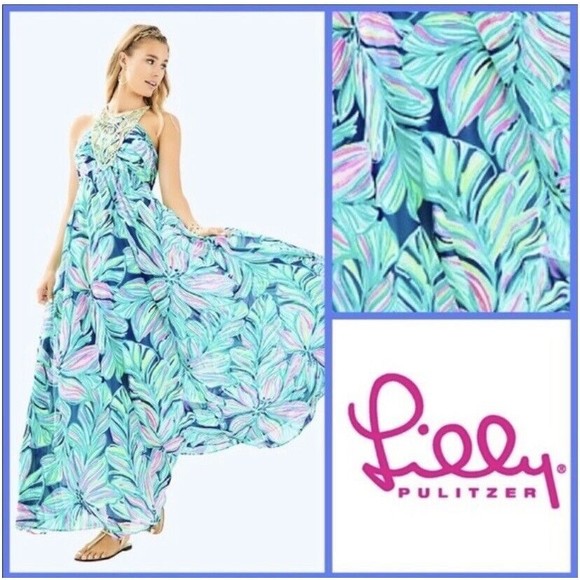 Lilly Pulitzer NEW Lannette High Tide Dancing Lady Gold Beads Maxi Dress 2 $368 - Picture 2 of 16